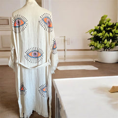 Handmade Turkish Cotton+Bamboo+Muslin Robe - Kimono with Evil Eye