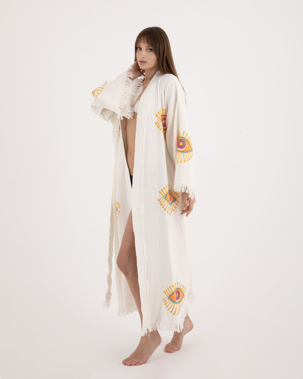 Authentic Turkish cotton evil eye robe with traditional weave and fringe detail.⁠.  