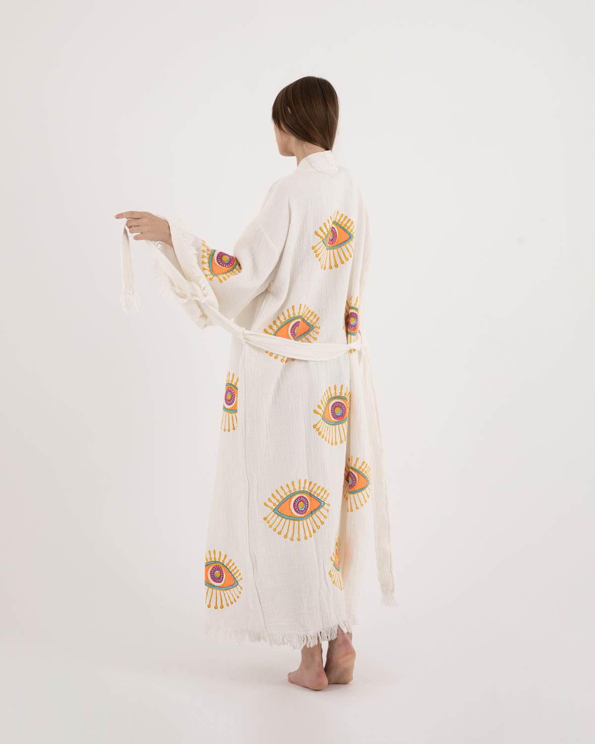Authentic Turkish cotton evil eye robe with traditional weave and fringe detail.⁠.  