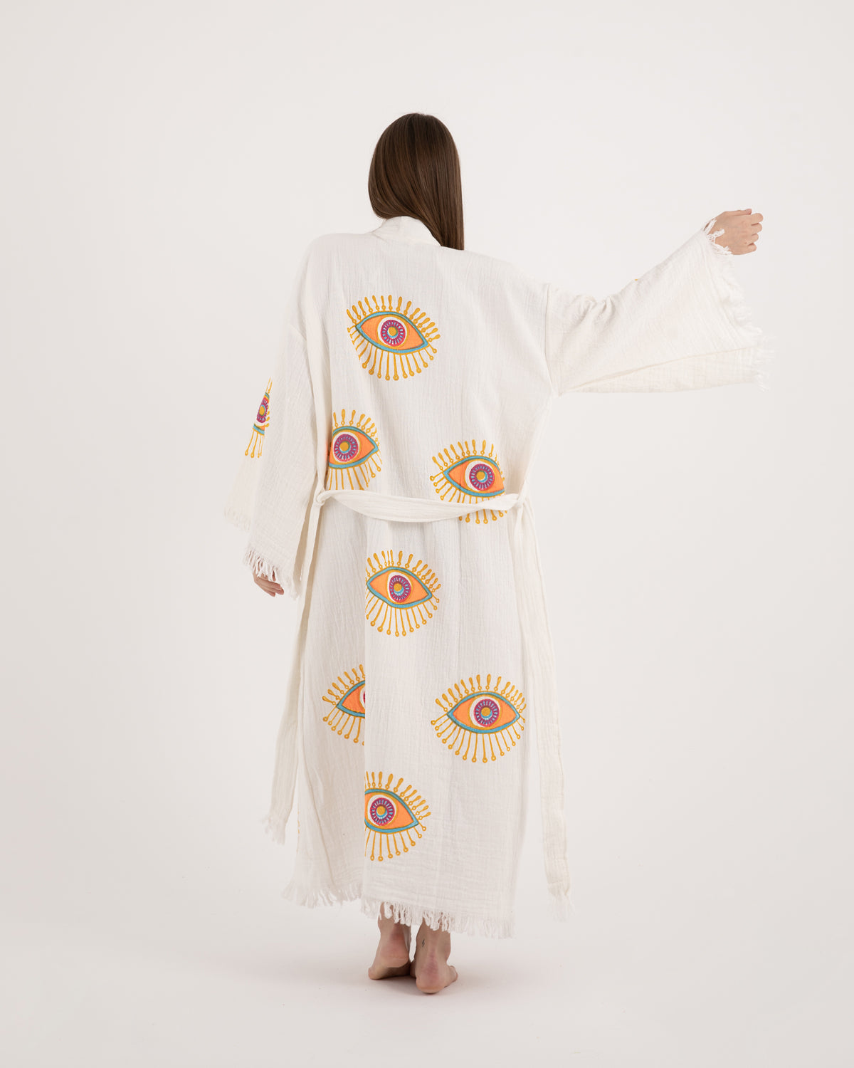 Evil Eye  Design Handprinted Robe Kimono (Orange)