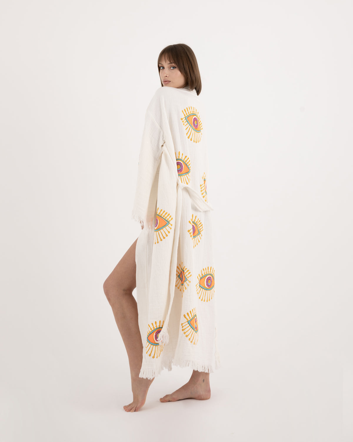 Evil Eye  Design Handprinted Robe Kimono (Orange)