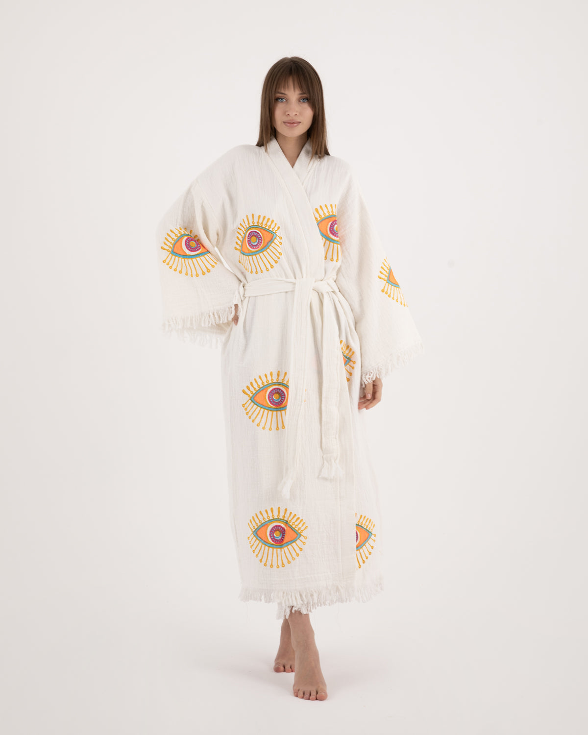 Evil Eye  Design Handprinted Robe Kimono (Orange)