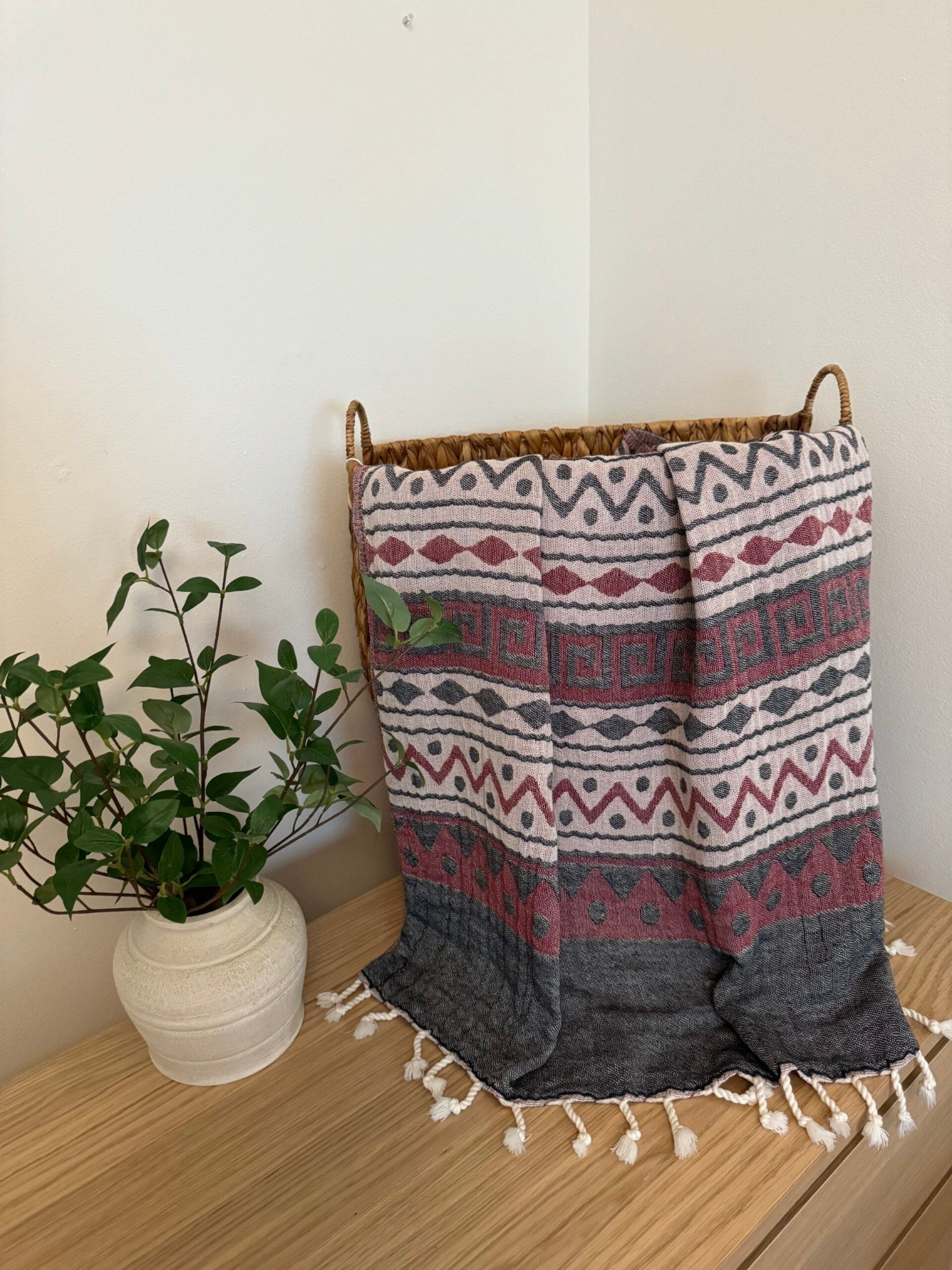 Zig-Zag Design, Organic Cotton Turkish Towel (Burgundy)