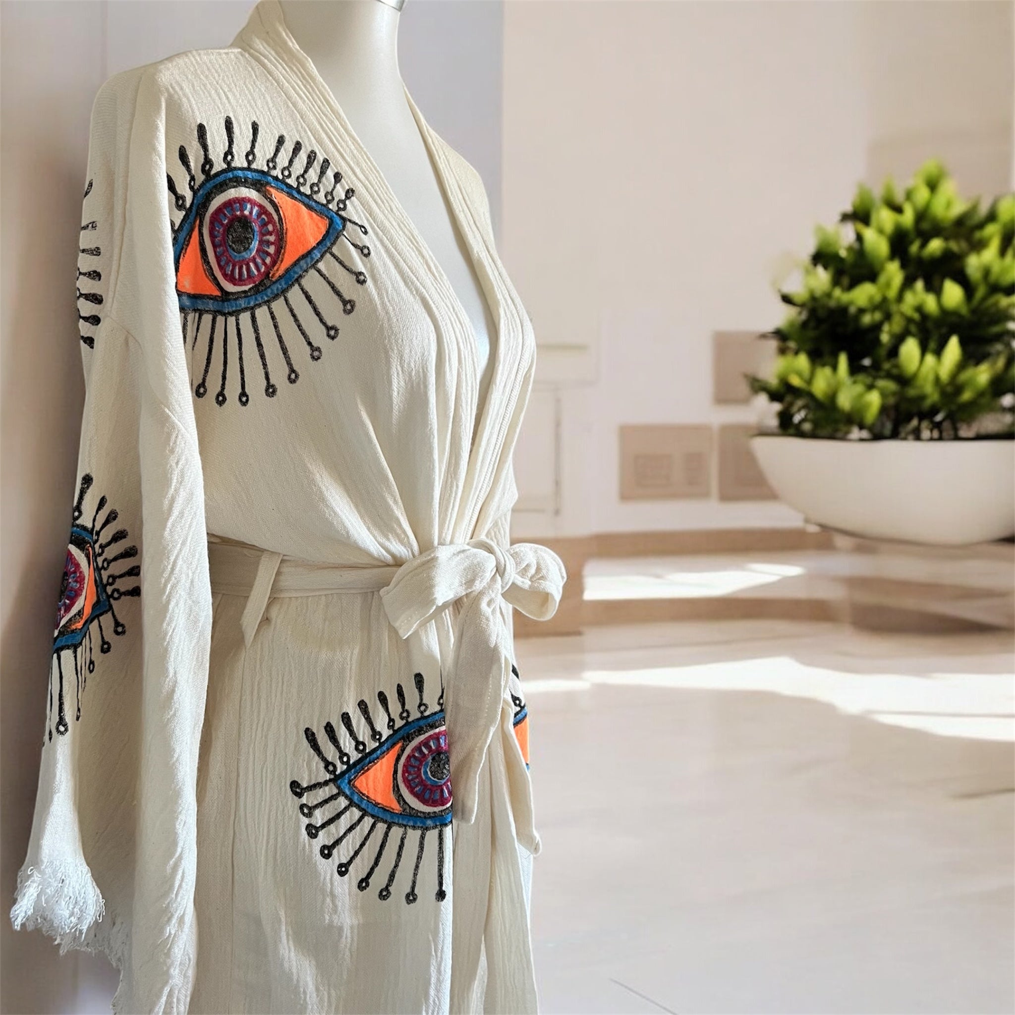 Handmade Turkish Cotton+Bamboo+Muslin Robe - Kimono with Evil Eye