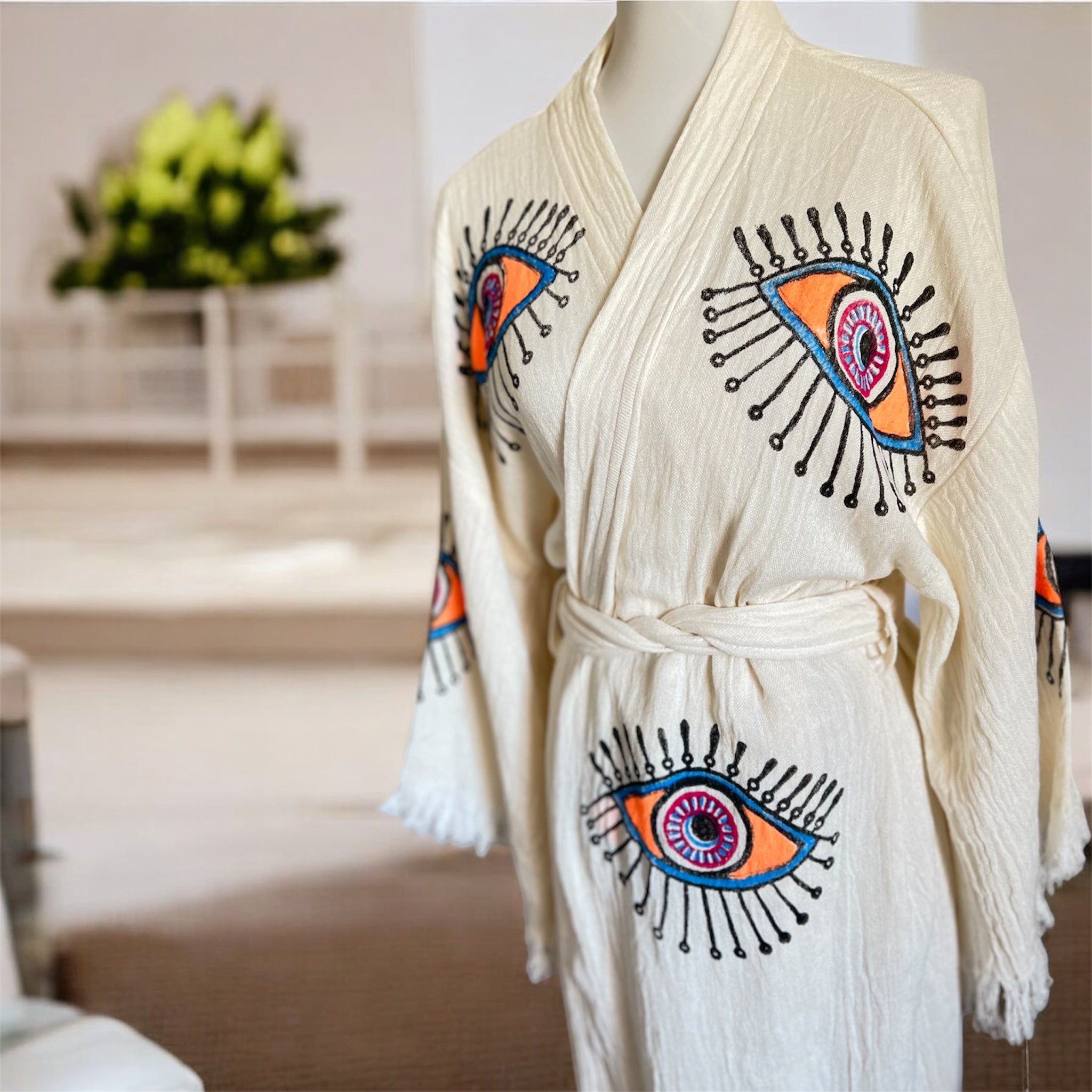 Handmade Turkish Cotton+Bamboo+Muslin Robe - Kimono with Evil Eye