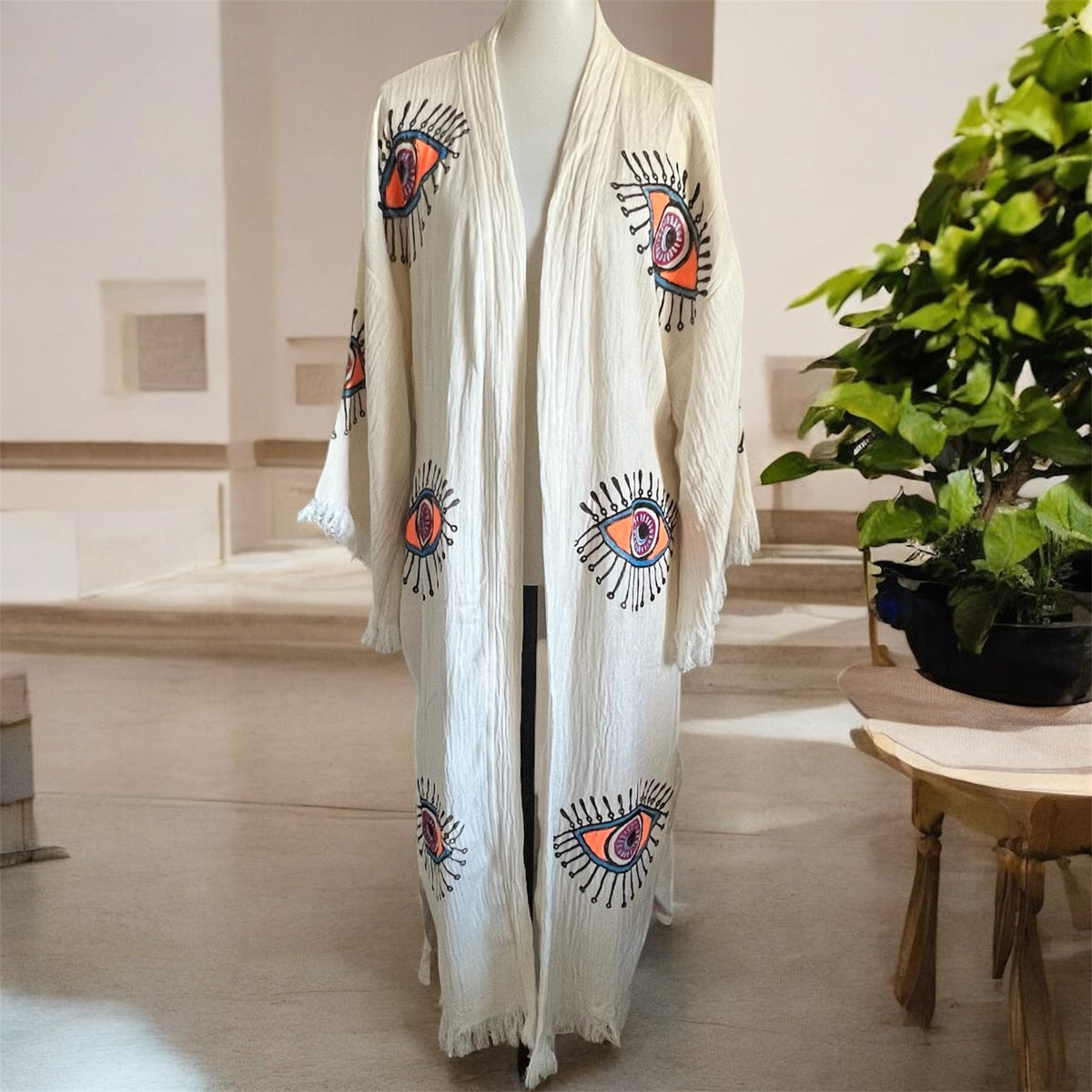 Handmade Turkish Cotton+Bamboo+Muslin Robe - Kimono with Evil Eye