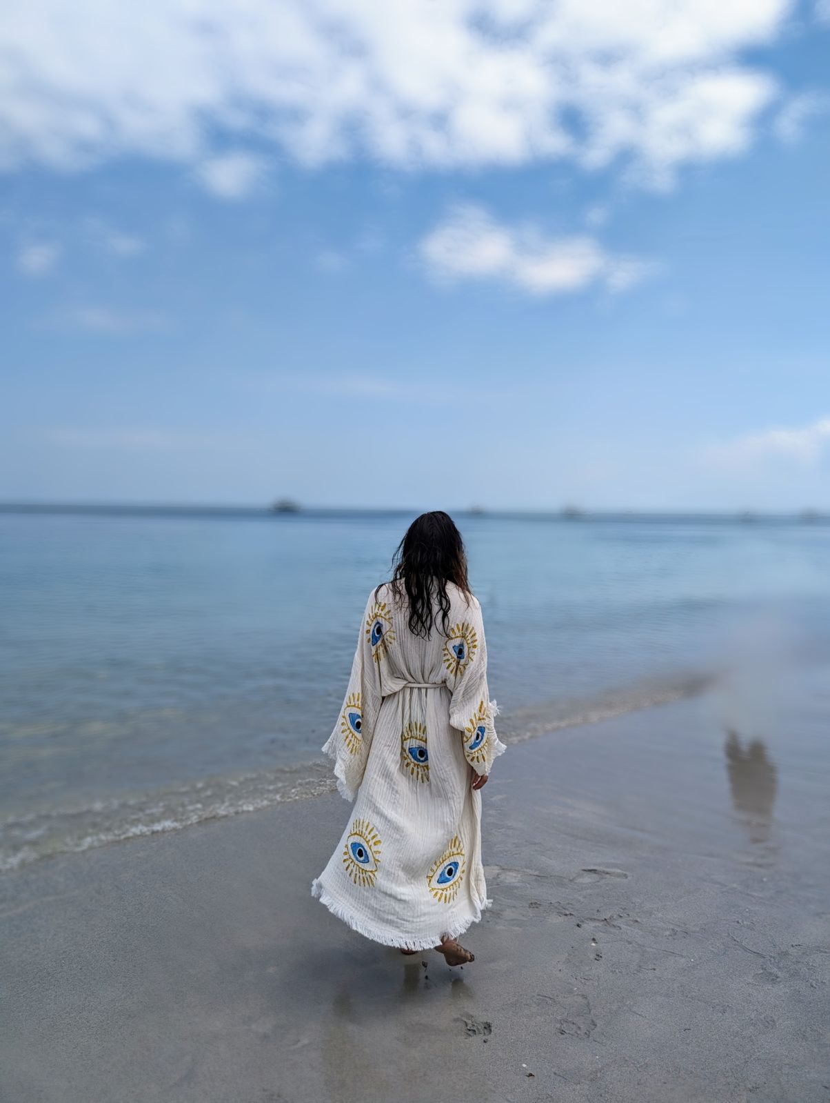 Handmade Yellow Evil Eye Design, Organic Turkish Cotton Robe